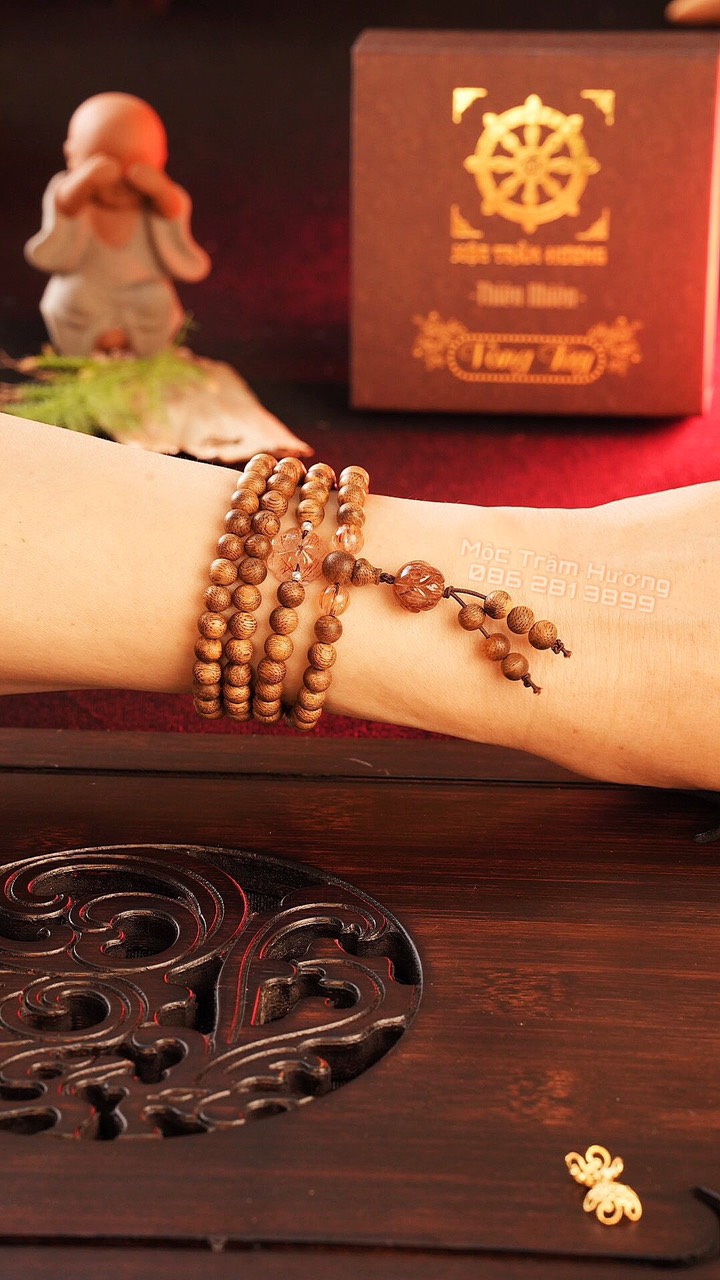 Vòng Trầm Hương Tự Nhiên Việt Nam 108 Hạt Mix Charm Thạch Anh TócTóc